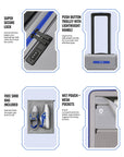 Large check-in trolley details: push-button handle and side lock, blue trim