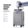 Silver polycarbonate trolley with 8 wheels in front of testing equipment