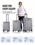 Silver polycarbonate trolley set shown in medium size with upright handle and 8 wheels