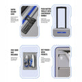 Silver trolley features panel with push-button handle and secure lock, blue accents
