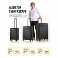 Black polycarbonate trolley suitcase set shown in three sizes for travel