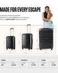 4-wheel trolley luggage set of 3 dark suitcases: cabin, medium, and large