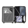 Large check-in suitcase open view showing interior lining, straps, and zipped pockets