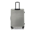 Light silver hard-shell luggage suitcase front view with telescopic handle and small wheels