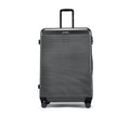 Hard-shell suitcase in charcoal grey with upright handle and four wheels