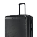 Black hard-shell luggage suitcase with ridged front, side handle, and corner edge details
