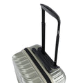 Light gray small cabin suitcase with black handle, side zipper and ridged panels