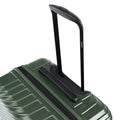 Medium check-in suitcase handle and top corner on dark green body