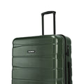 Green hard-shell suitcase close-up of front panel with zipper and logo