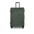 Dark green hard luggage with top handle and four spinner wheels, ridged finish
