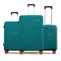 3-piece hard-shell luggage set in teal with 8 spinner wheels and stackable handles