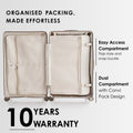 Hard-shell trolley suitcase open, with easy-access flap compartment and dual interior storage