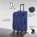 Blue soft-sided spinner trolley with telescopic handle and front pocket detail