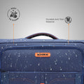 Blue soft-sided trolley top panel with logo and zipper track detail