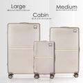 Beige hard-shell polycarbonate luggage set with three sizes and two roller wheels each.