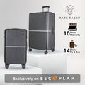 Hard shell trolley suitcase set in dark grey, with top handle and spinner wheels