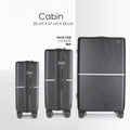 Black hard-shell polycarbonate luggage set with cabin size and two smaller cases; roller wheels.