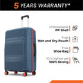 Blue small cabin suitcase with telescopic handle and 8 wheels, PP shell design