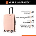 Small cabin suitcase, peach PP shell, angled front view, 8 wheels and handle