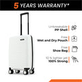 White small cabin suitcase with black telescopic handle and caster wheels, front view