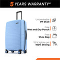 Small cabin suitcase, light blue PP shell, angled front view, 8 wheels and handle