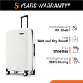 Small cabin suitcase, white PP shell, side view, 8 wheels and telescopic handle