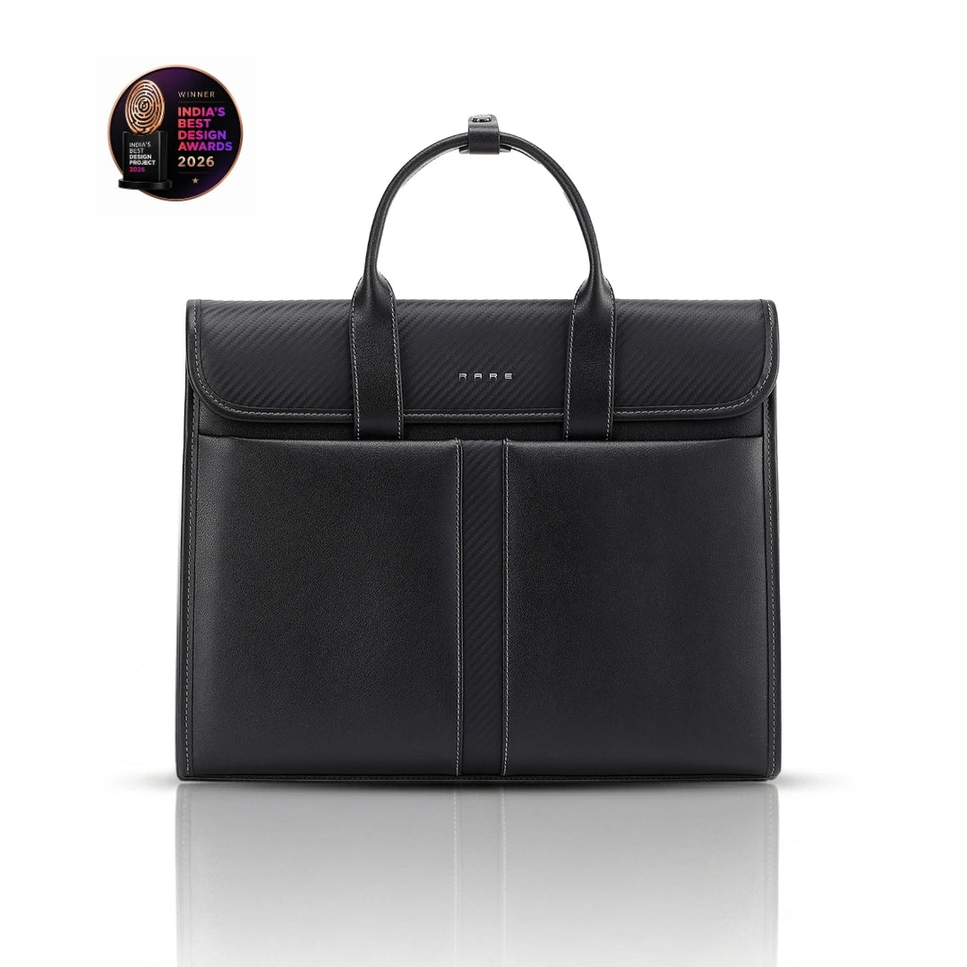 Carbon fibre black messenger bag with top handle and flap closure