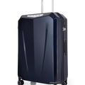 Dark blue hard-shell trolley suitcase front view with telescoping handle and wheels