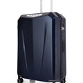 Hard-shell trolley suitcase with telescoping handle, four spinner wheels, dark blue side view