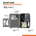 Open dark suitcase showing water-resistant lining, wet-dry pouch, shoe bag, and straps