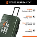 Green hard-shell suitcase with telescopic handle and 8 spinner wheels, side view