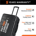 Black hard-shell suitcase with telescopic handle and 8 spinner wheels, side view