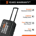 Black small cabin suitcase close-up with telescopic handle and textured shell panels