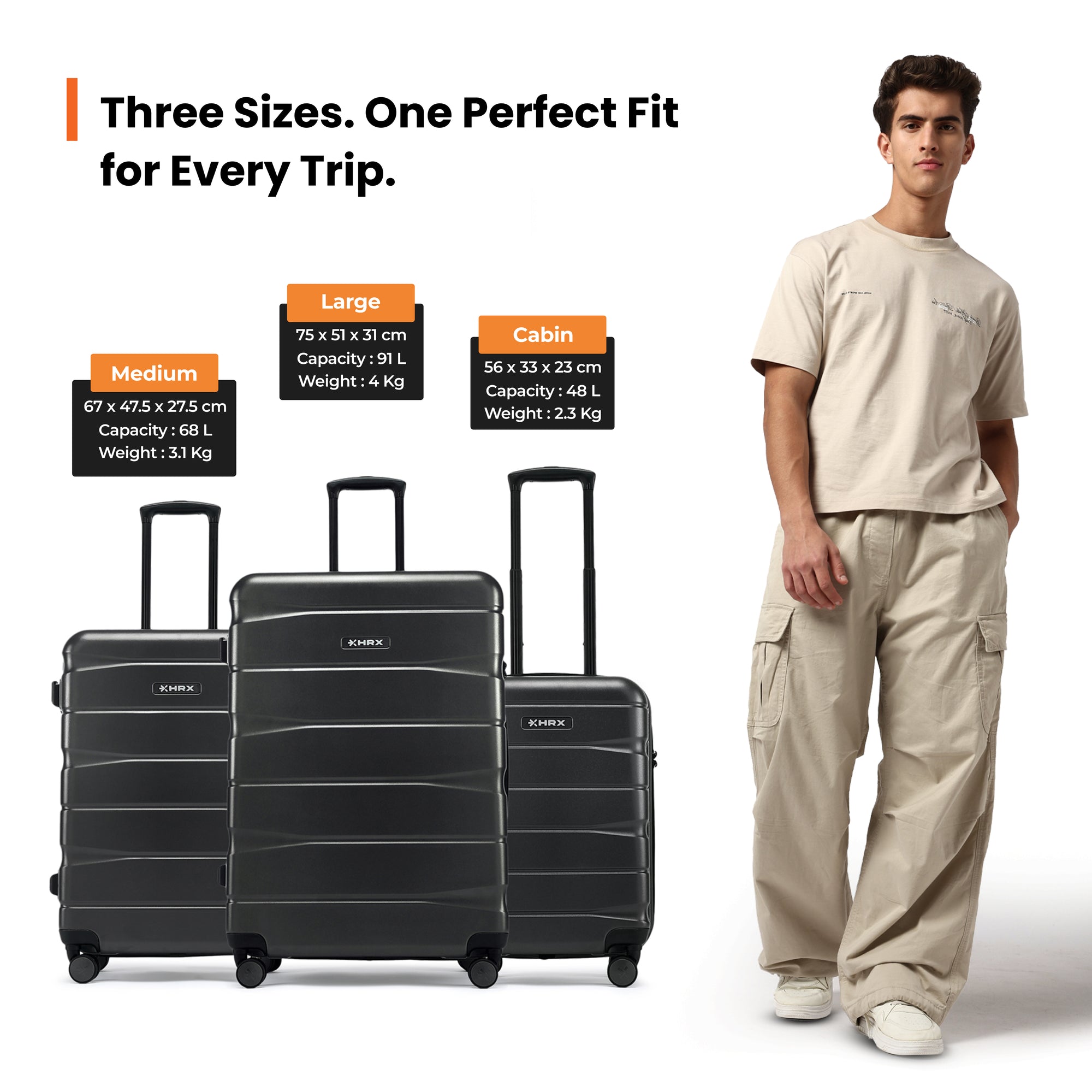 HRX by Hrithik Roshan Hard Body Set of 3 Luggage 8 Wheels - Brute