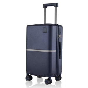 Hard-shell polycarbonate trolley suitcase, navy blue, with top handle and 4 spinner wheels