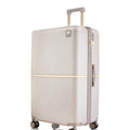 Beige hard-shell polycarbonate trolley suitcase with telescopic handle and 4 spinner wheels