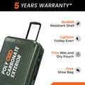 Dark green suitcase with textured ridged shell and side zipper pocket