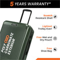 Dark green hard-shell 8-wheel suitcase close-up with extended handle and side vents