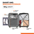 Charcoal grey open suitcase with shoe pocket, pouch, and compression straps