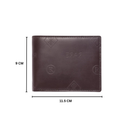 Brown leather bi-fold wallet front, embossed logo; 9 cm x 11.5 cm.