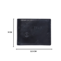 Black bi-fold leather wallet with embossed logo details and stitch edges