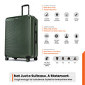 Dark green hard-shell check-in suitcase with telescopic handle and 8 spinner wheels