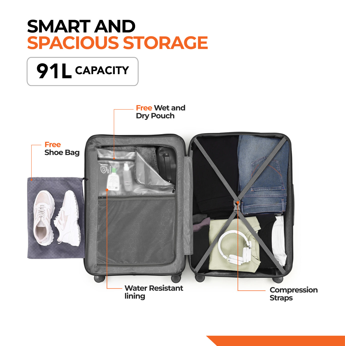 HRX by Hrithik Roshan Small Cabin Suitcase (56 cm) 8 Wheels - Grit