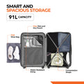 Charcoal grey hard-shell suitcase with 8 wheels, open interior with compression straps