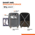 Charcoal grey hard-shell suitcase with 8 wheels, open lid and compression straps
