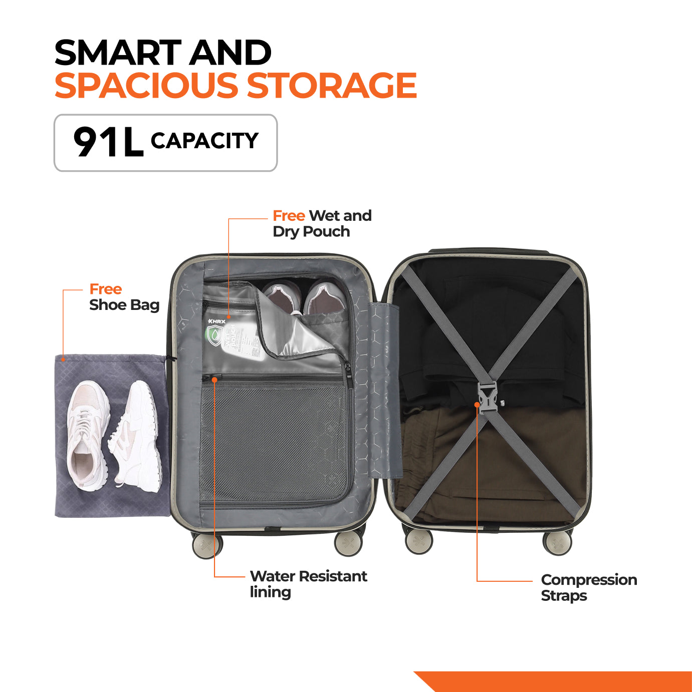 HRX by Hrithik Roshan Small Cabin Suitcase (56 cm) 8 Wheels - Grit