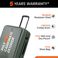 Medium check-in suitcase in dark green with trolley handle, ribbed shell and wheels.