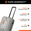 Small cabin suitcase with warranty and protection callouts; scratch resistant shell and free pouches.