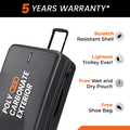 Charcoal hard-shell suitcase with textured ridges, top handle and side zipper panel.