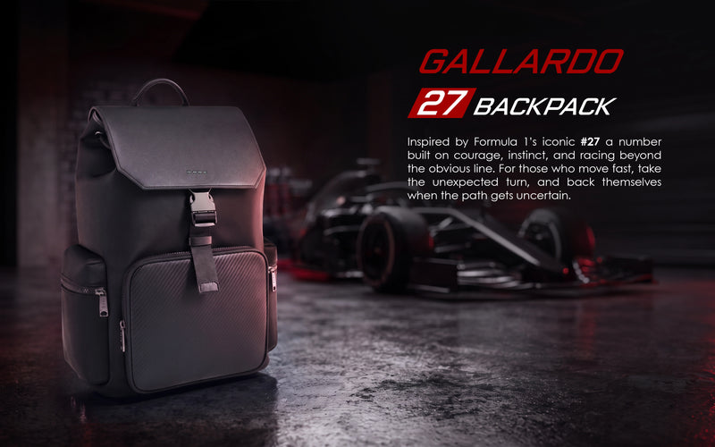 Rare Rabbit Gallardo27 Backpack displayed beside a Formula 1 race car, inspired by car number 27